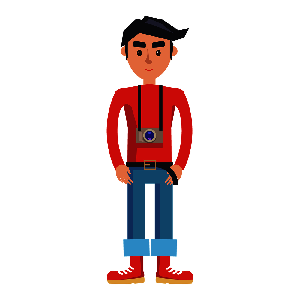 Young man with camera cartoon character. Brunette male in red jumper, rolled up jeans and boots with photo camera on neck isolated flat vector. Smiling hipster tourist standing straight illustration