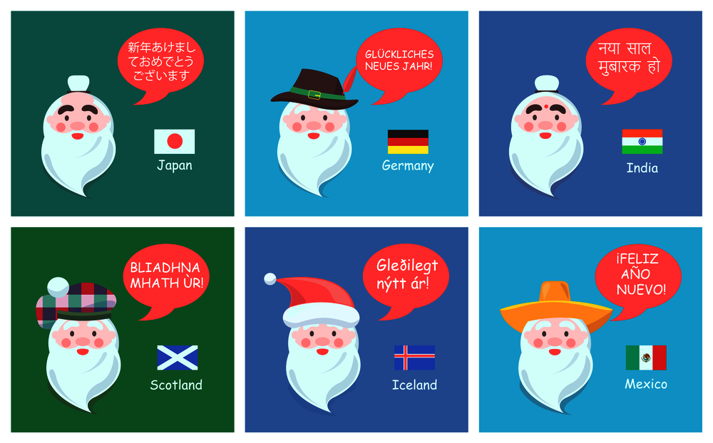 International congratulations with New Year from authentic Santa Clauses in foreign languages festive posters cartoon vector illustrations set.. International Congratulations from Santa Clauses