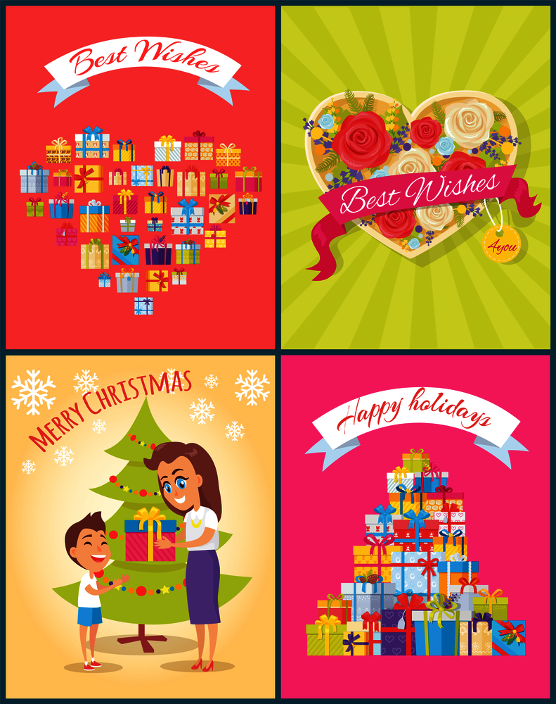 Best wishes, merry Christmas and happy birthday, celebration posters, with icons of presents, and decorated tree, family vector illustration. Best Wishes Christmas Birthday Vector Illustration