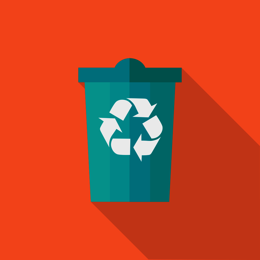 Trash Bin vector illustration in flat style. Container for garbage with recycling sign picture for environmental concepts, web, icons, infographics, logotype design. Isolated on orange background.