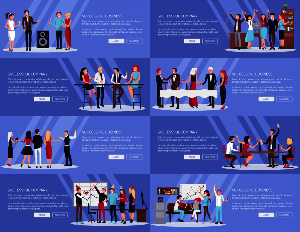 Successful company and business, collection of web-pages, with text and buttons, people partying and celebrating in office vector illustration. Successful Company, Business Vector Illustration