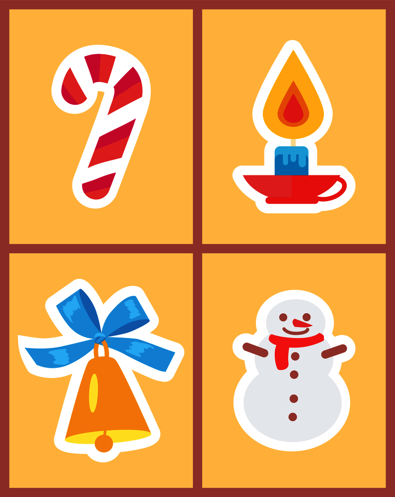 Wintertime holidays icons isolated on light background. Vector illustration with illuminating candle, shiny golden bell with blue bow and lollipop. Wintertime Holidays Icons Vector Illustration
