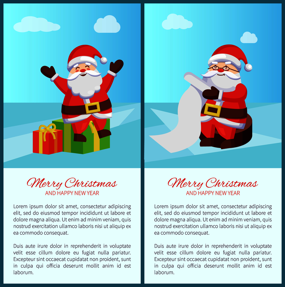Merry Christmas, banners set with Santa Claus with stretched hands, sitting on presents, winter character reading wishes vector illustration. Merry Christmas Banners Set Vector Illustration