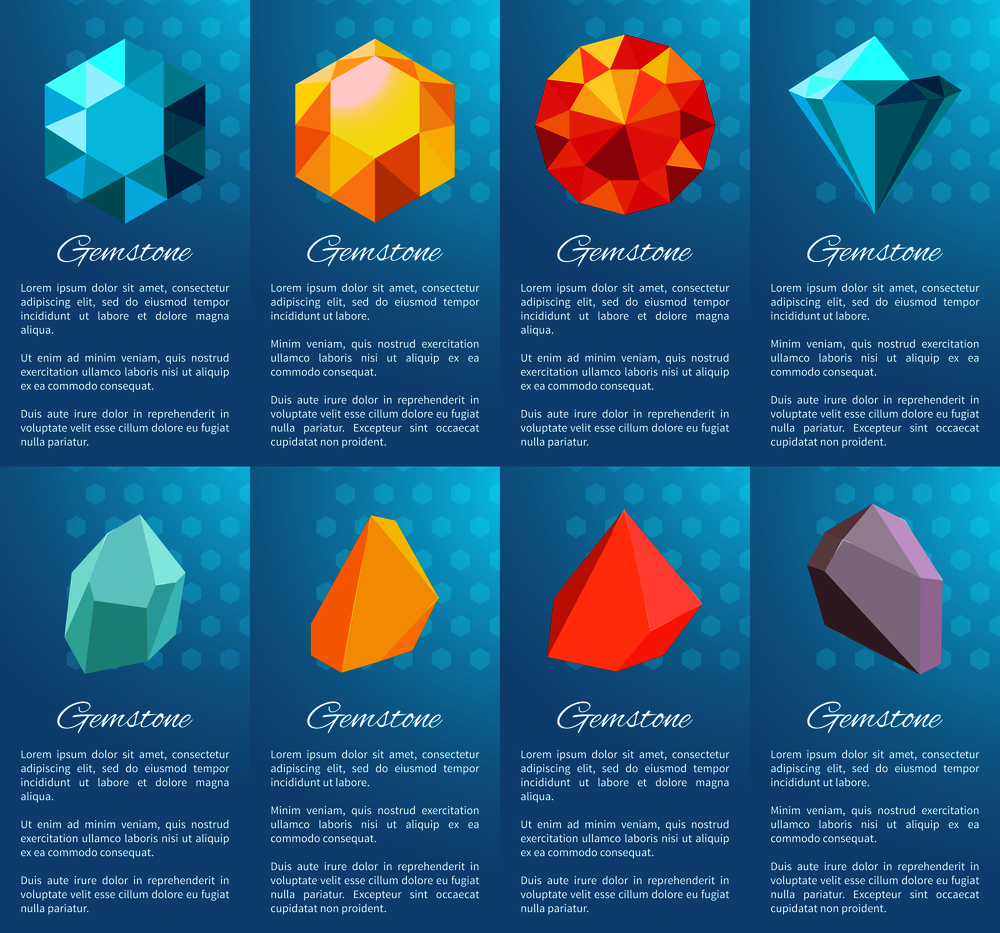 Gemstone collection of posters, precious stones and given additional information on them below, vector illustration isolated on blue. Gemstone Collection of Posters Vector Illustration