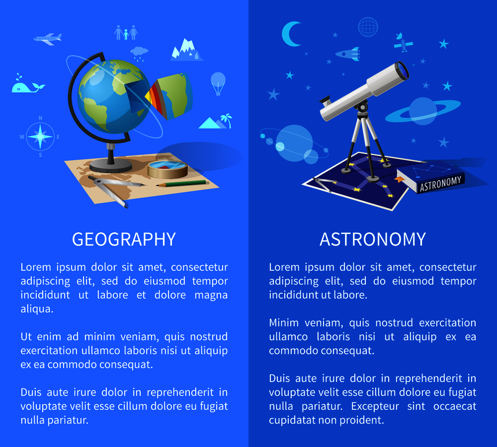 Geography and astronomy informative Internet pages with globe model, world and starry sky maps, and powerful telescope vector illustrations.. Geography and Astronomy Classes Informative Page