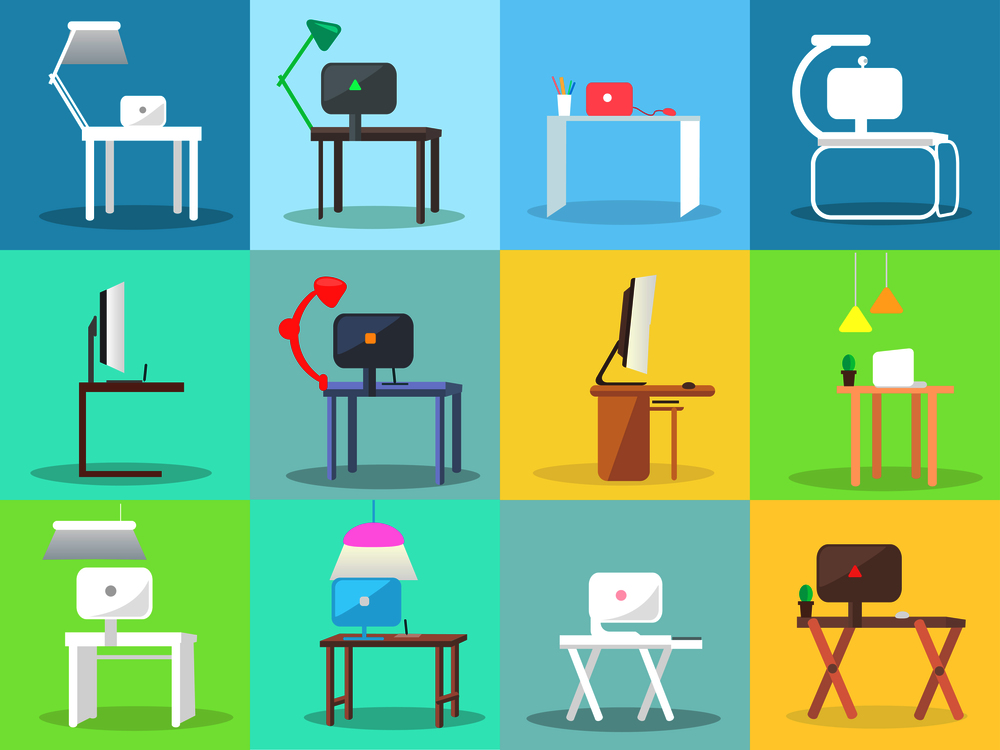 Modern workplaces with table and computer set. Classic and futuristic desks and tables with monitors and lamps on it flat vectors. Collection of comfortable wooden and plastic furniture illustrations