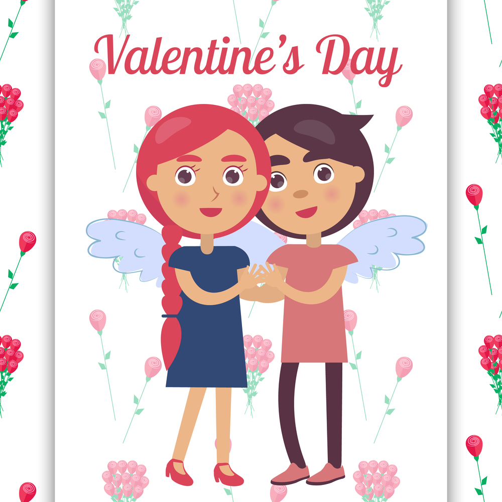 Valentines day poster with young lovers tenderly hold each other&rsquo;s hands gently smiling, wings on back vector illustration postcard isolated on flowers. Valentines Day Poster with Young Lovers Smiling