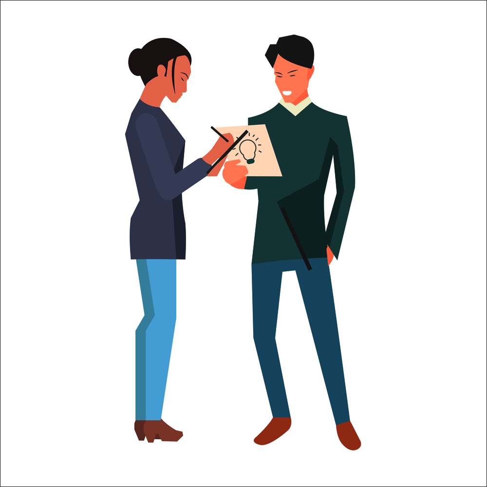 Dark-haired man speaking about new idea and holding paper, woman recording on tablet. People standing on white background. Vector illustration of startups web banner flat design cartoon style.. Man Speaking about New Idea and Woman Recording