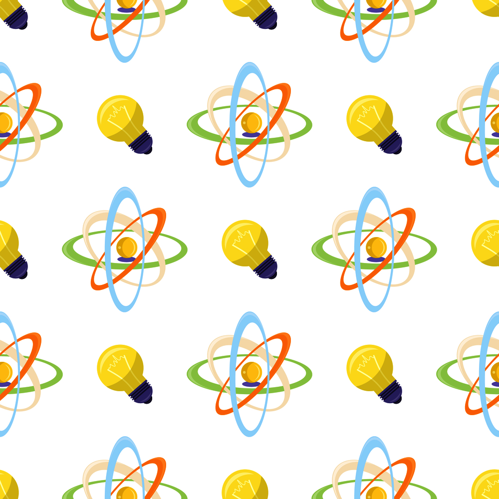 Seamless pattern with science themed atomic model and electrical bulb. Molecule scheme of rotating elements vector illustration.. Seamless Pattern with Science Themed Atomic Model