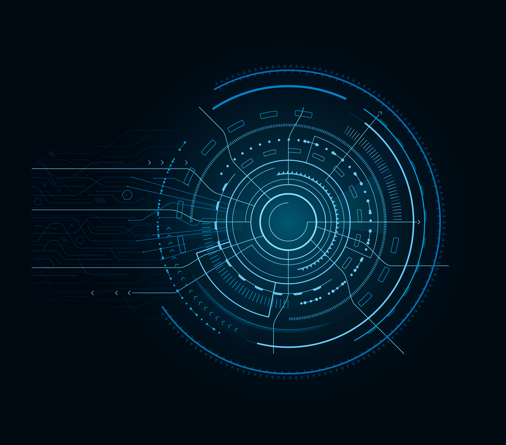 Interface with arrows, abstract circular shape with lines and pointers going out of it, object vector illustration isolated on blue background. Interface with Arrows Blue Vector Illustration