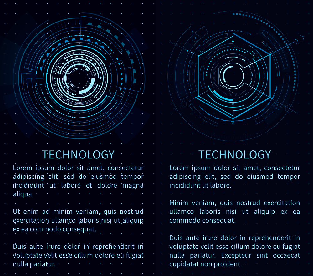 Technology poster with bright interface shapes vector illustration with text sample lot of lines and polygons isolated on dark blue backdrop with dots. Technology Poster with Bright Interface Shapes