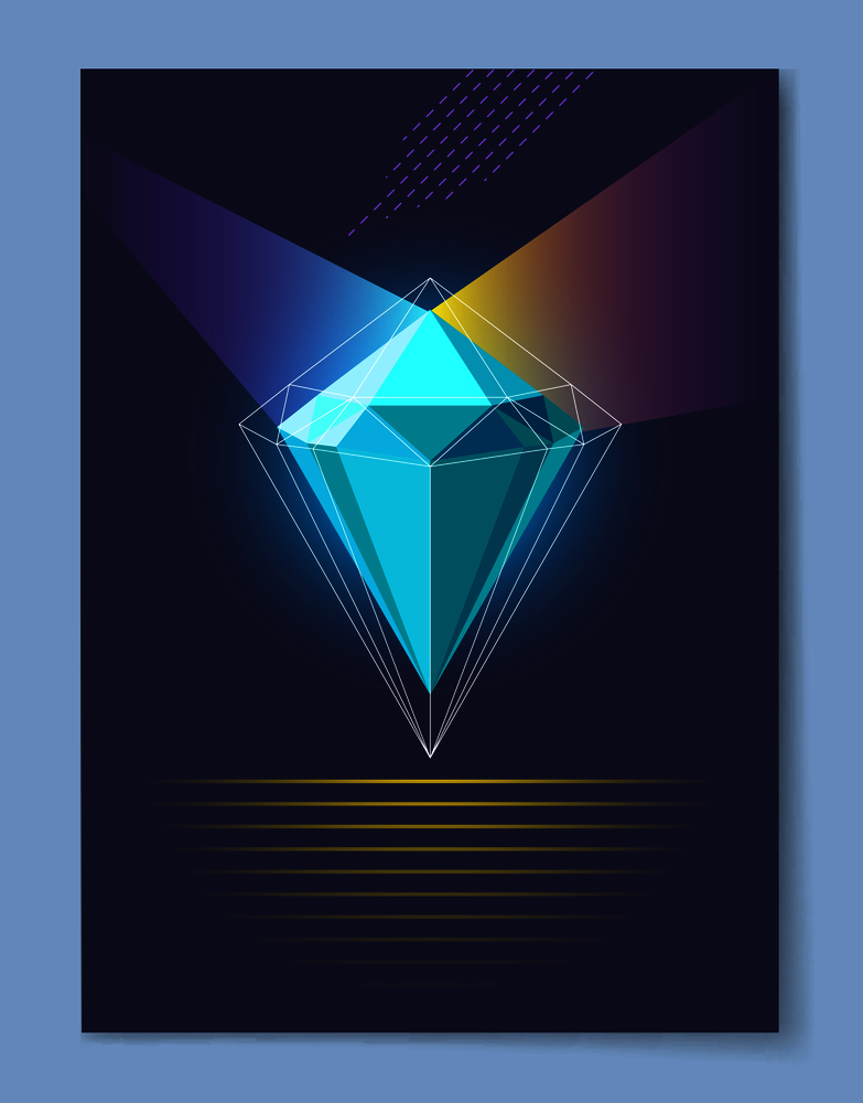 Luminous diamond with thin outline spreads bright colorful rays in both sides cartoon vector illustration on dark background with lines underneath.. Luminous Diamond Spreads Bright Colorful Rays