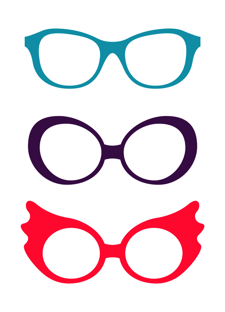 Spectacles accessory poster, collection of glasses of different colors, eyesight problems and fashion, vector illustration isolated on white. Spectacles Accessory Collection Vector