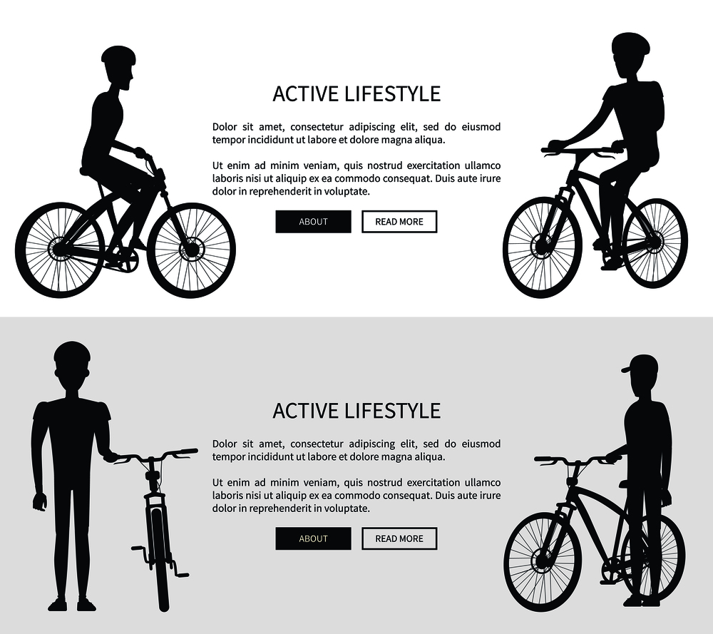 Active lifestyle, silhouettes of cyclists wearing helmets, web page with informational text and buttons, lettering isolated on vector illustration. Active Lifestyle Silhouettes Vector Illustration