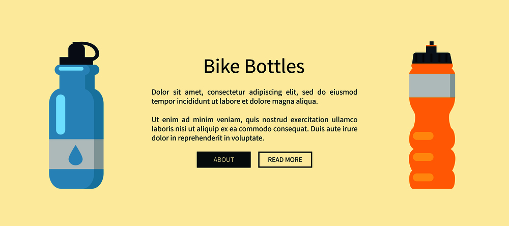 Bike bottles set, web page with collection of containers of different colors with water for cyclists,drinking thing, isolated on vector illustration. Bike Bottles Set Web Page Vector Illustration