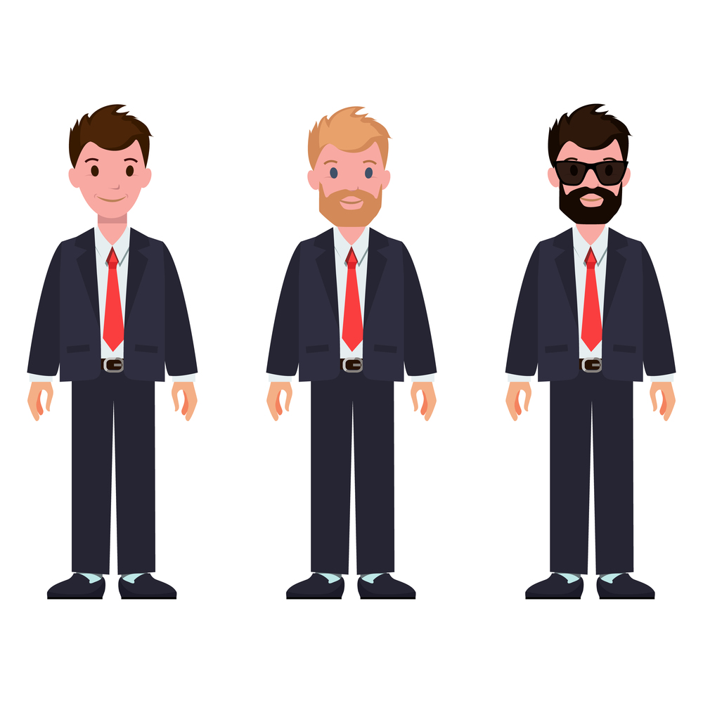 Set of cartoon characters in classic suit and tie, with different hairstyle and color, with beard and glasses vector illustration isolated on white. Set of Cartoon Characters in Classic Suits and Tie