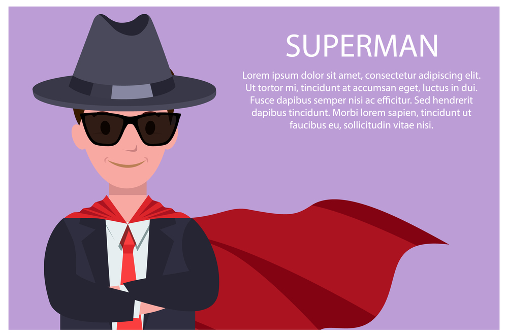 Superman poster with man and text sample and title, gentleman wearing black hat and sunglasses, red cloak, vector illustration isolated on purple. Superman Poster Man and Text Vector Illustration