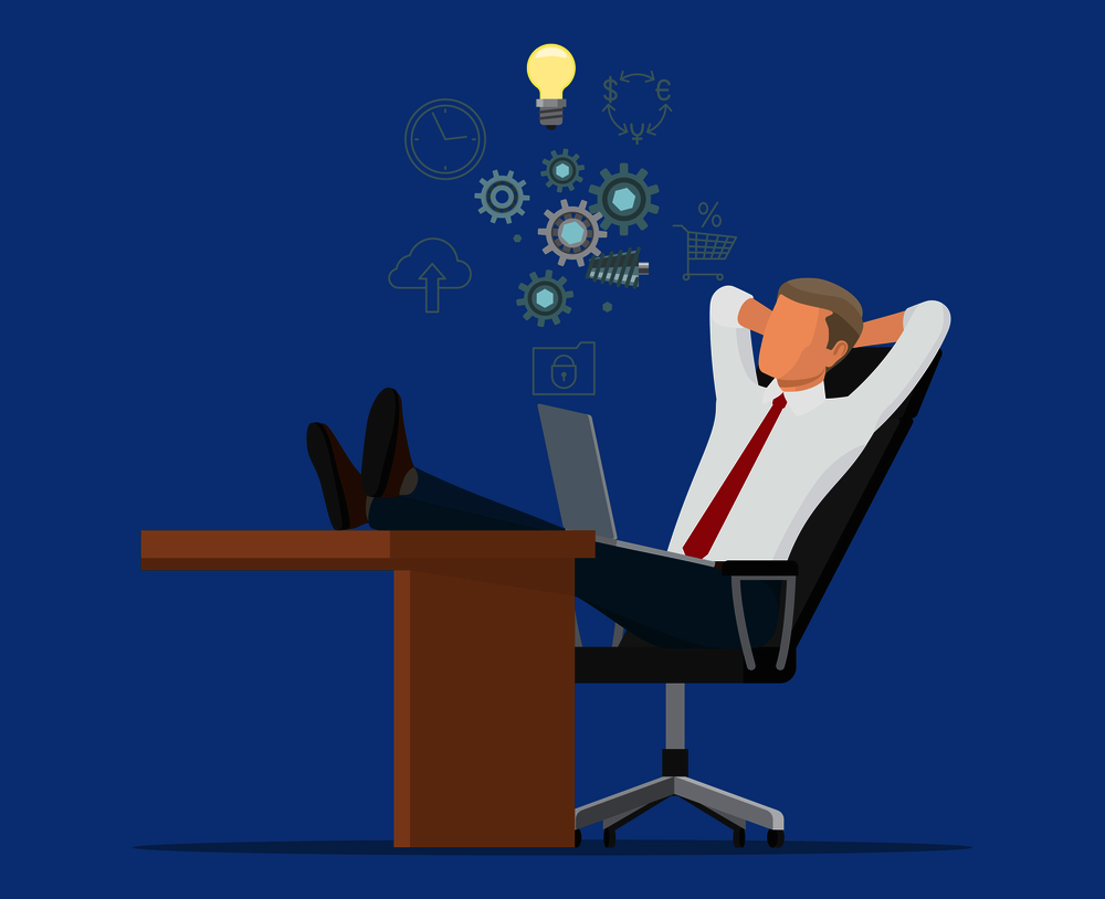 Resting employee banner vector illustration of tired man sitting on black chair and putting legs on brown table, lot of gears, bulb and other icons. Resting Employee Color Banner Vector Illustration