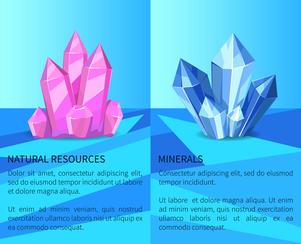 Natural resources and minerals, posters collection with headline and informational text sample, precious stones set, isolated on vector illustration. Natural Resources and Minerals Vector Illustration