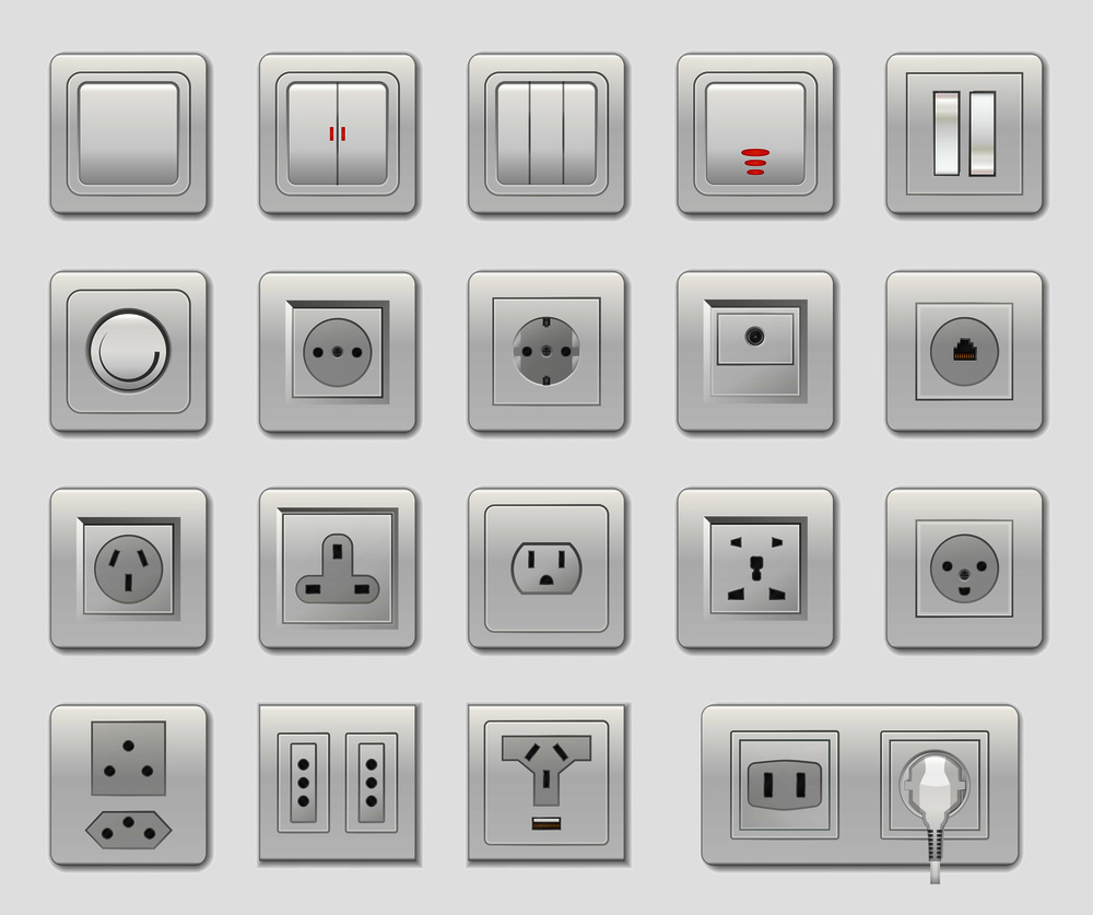 Set of different switches vector illustration isolated on white backdrop, varied connectors and selectors, usb and ethernet port, one socket plug. Set of Different Switches Vector Illustration