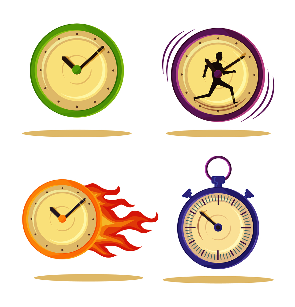 Set of watch poster vector illustration of four round clocks with green lilac and orange frames, running man silhouette bright flame isolated on white. Set of Varied Watch Poster Vector Illustration