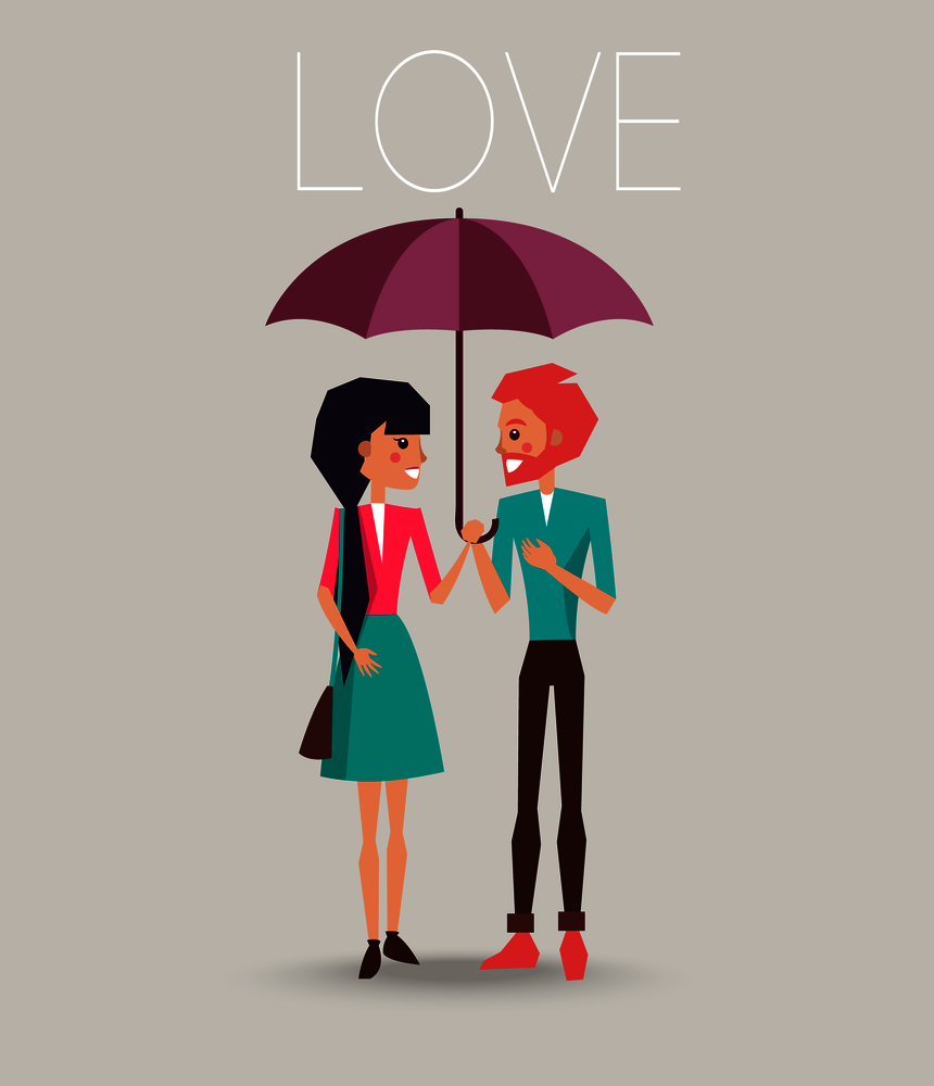 Young couple in love standing under one lilac umbrella and smiling each other vector illustration with lettering on gray background.. Young Couple in Love Standing under One Umbrella