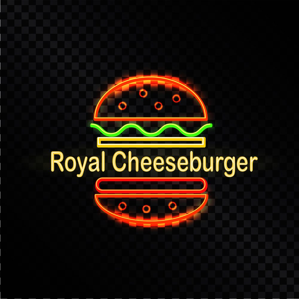 Neon icon of royal cheeseburger, colorful banner isolated on transparent backdrop, lot of curved lines, orange buns, abstract salad, cutlet and cheese. Neon Icon of Royal Cheeseburger, Colorful Banner
