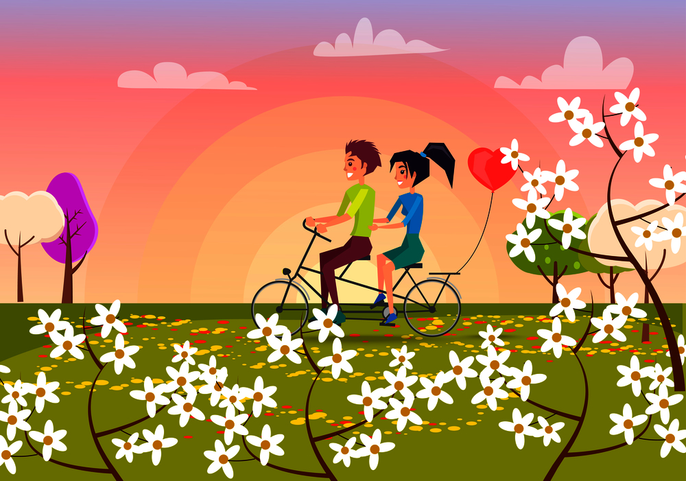 Boy in green T-shirt and girl with ponytail ride bicycle for two in beautiful spring park with blooming trees and flowers vector illustration.. Couple Rides Bicycle for Two in Park Illustration