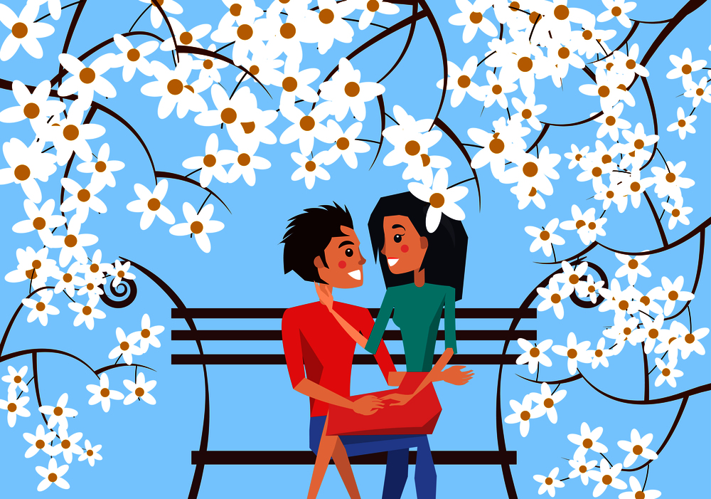 Boy sits on bench with his girlfriend on his knees surrounded with cherry blossom on blue background vector illustration.. Couple Sit on Bench Surrounded with Cherry Blossom