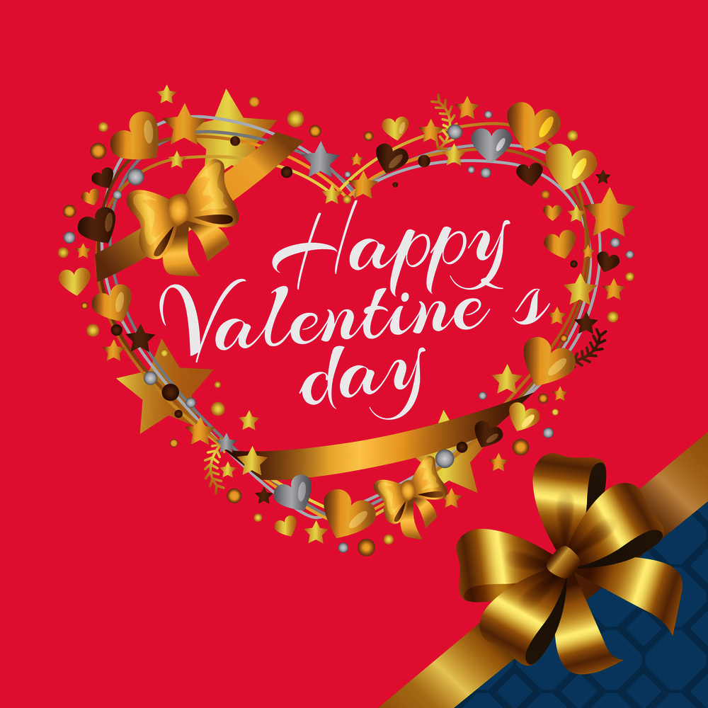 Happy Valentines Day poster with heart made of decorative bow, golden stars, sparkling elements on pink background with ribbon in blue corner. Happy Valentines Day Inscription in Golden Frame