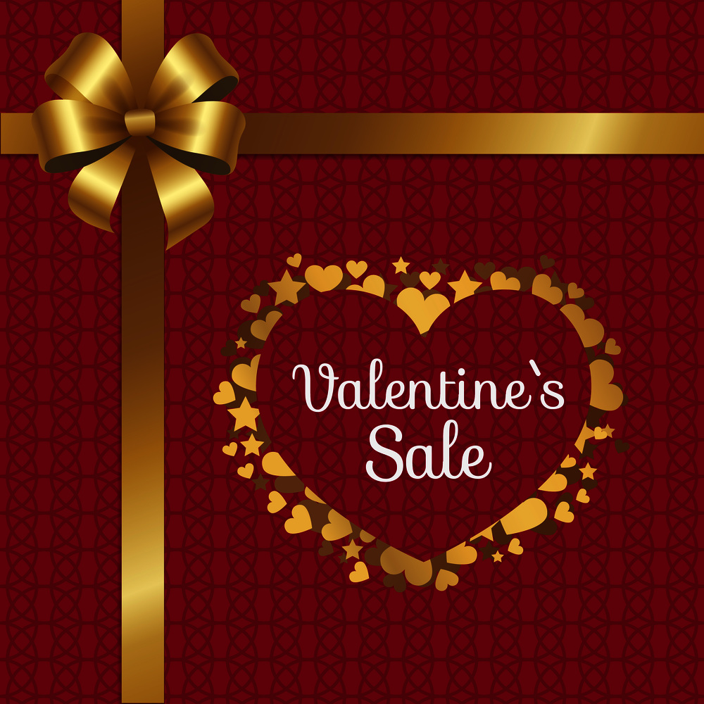 Valentines sale poster with heart made of golden stars, sparkling hearts elements on red background with decorative ribbon and bow in upper corner. Valentines Sale Poster Heart Made of Golden Stars
