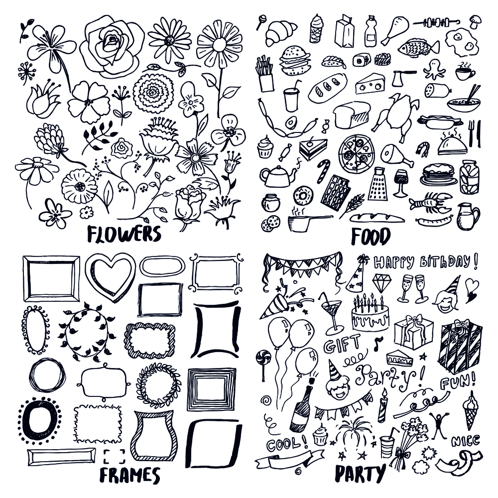 Food frames flowers party set of cute sketches vector illustration with lot of patterns, text sample, rose chamomile roast chicken bread fish potables. Food Frames Flowers Party Set of Cute Sketches