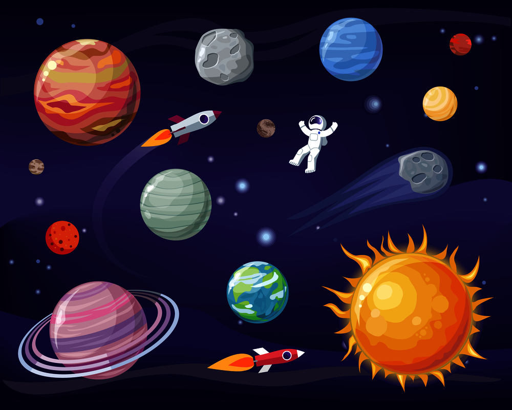 Space and planets set, poster with astronaut wearing special suit, Sun and Earth, stars and cosmos, vector illustration isolated on black and blue. Space and Planets Set Poster Vector Illustration