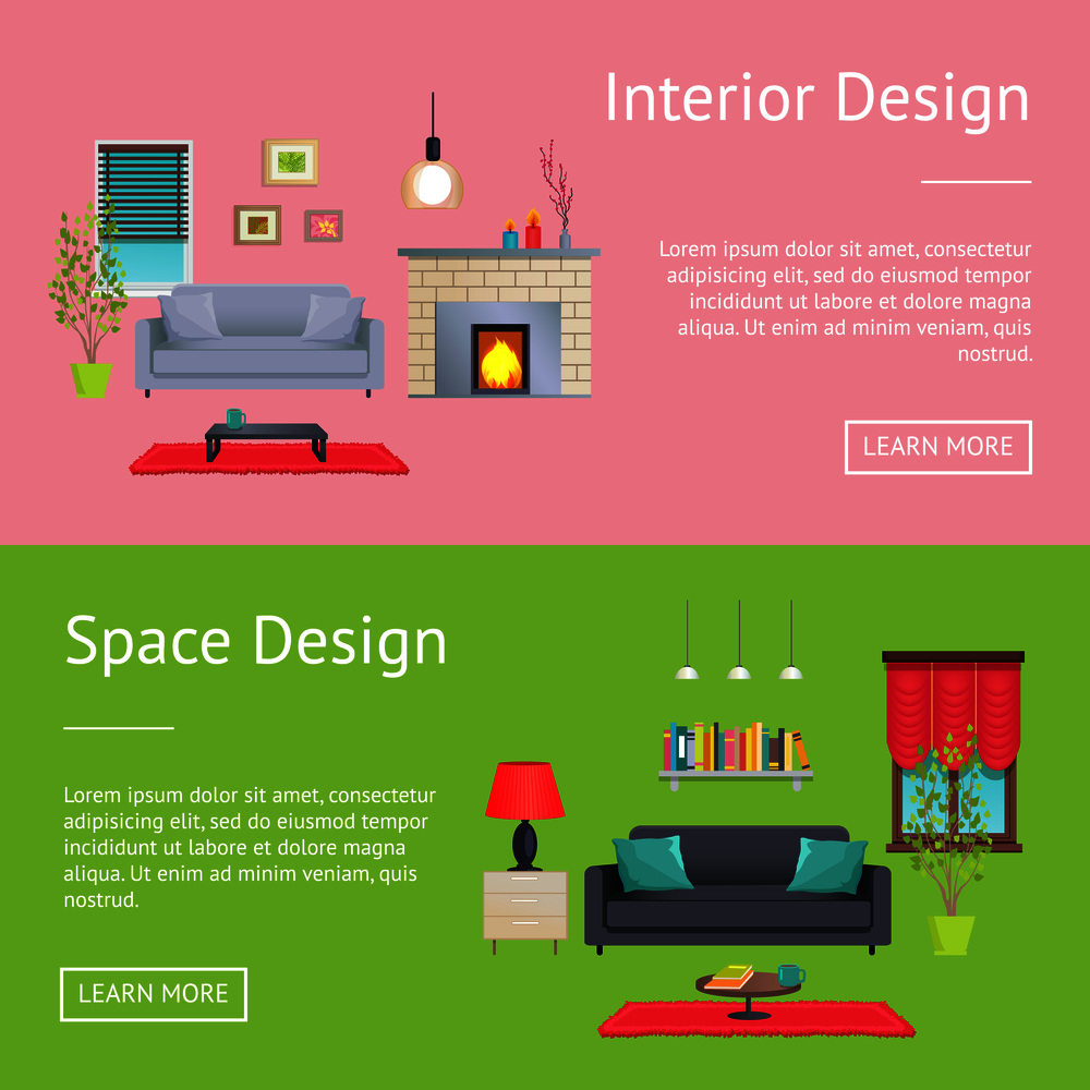 Interior and space design web pages collection with text and headline and buttons, decor of rooms, sofa and carpet on floor, vector illustration. Interior and Space Design Vector Illustration