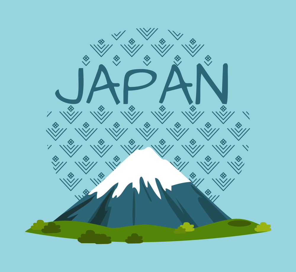 Japan travelling promotional poster with high mountain that has snowy top and fresh grass at foothills and circle with ornament vector illustration.. Japan Travelling Promo Poster with High Mountain