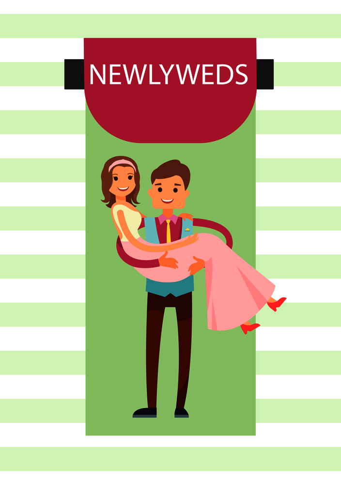 Newlyweds banner with bride wearing long pink dress and groom carrying his wife, headline in geometric shape above isolated on vector illustration. Newlyweds Bride and Groom Vector Illustration
