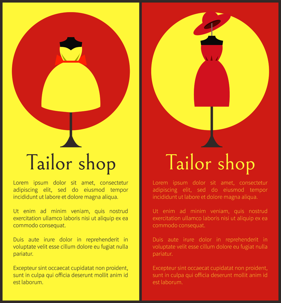 Tailor shop framed banners, vector illustration with two cute gown and pretty hat isolated in red and yellow circles, text sample, big bow on dress. Tailor Shop Framed Banners, Vector Illustration