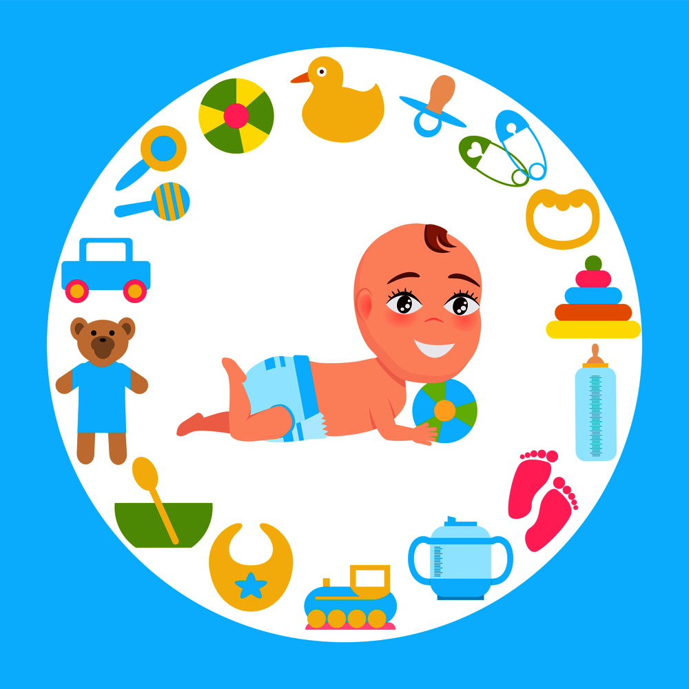 Smiling baby infant in diaper playing with color ball, frame made of accessories for kids fun and care vector illustration poster with circle border. Smiling Baby Infant in Diaper Playing Color Ball