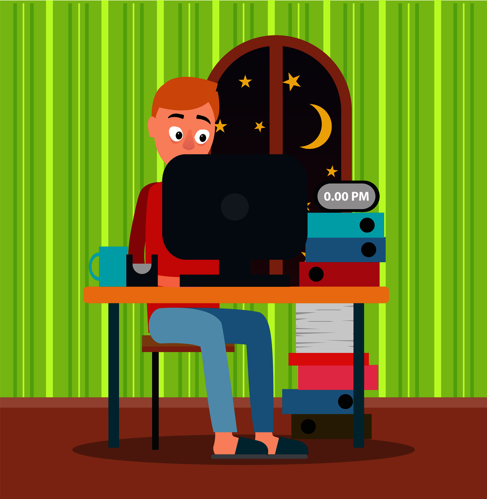 Working at midnight man with orange hair red sweater and blue trousers color vector illustration, green wallpaper, yellow stars and moon, black laptop. Working at Midnight Man Color Vector Illustration