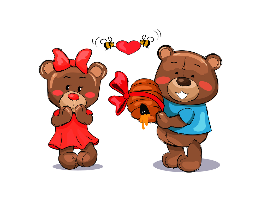 Male teddy bear in blue t-shirt holding hive full of honey and smile, bees flying with red heart above him, present for girlfriend vector on white. Male Teddy Bear in Blue T-shirt Holding Hive Honey