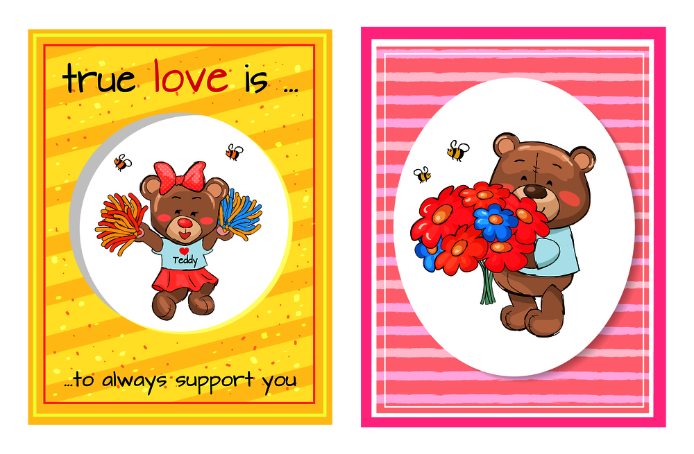 True love is an always support, lovely teddy girl in cheerleading uniform and bear gentleman with big bouquet of flowers vector Valentines Day concept. True Love Always Support Teddy Cheerleader Bouquet