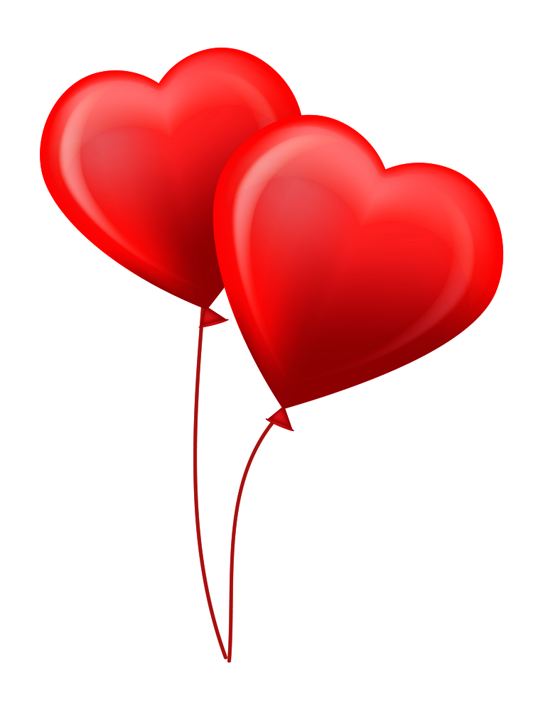 Red glossy helium balloons in shape of big hearts on thin threads for Valentines day isolated cartoon flat vector illustration on white background.. Red Glossy Helium Balloons in Shape of Hearts