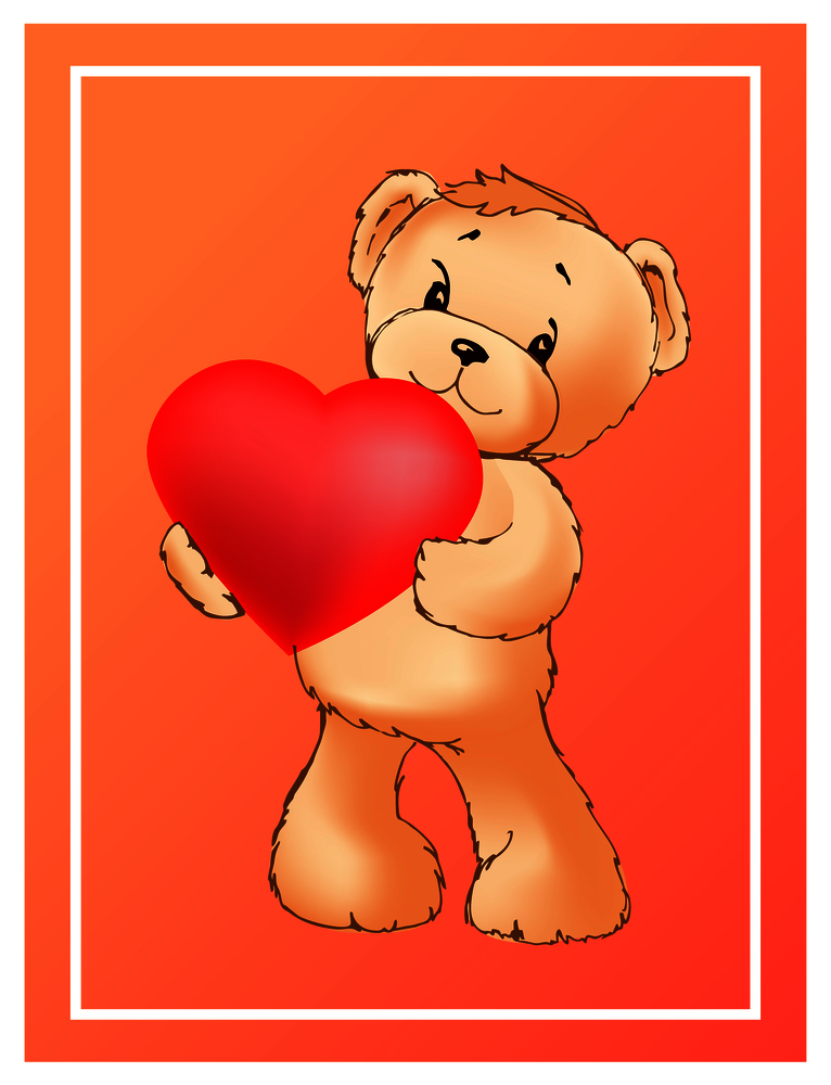 Poster with cute teddy bear holding red heart shape balloon or pillow in paws vector illustration greeting card design in orange frame, Valentines day. Poster with Cute Teddy Bear Holding Heart Balloon