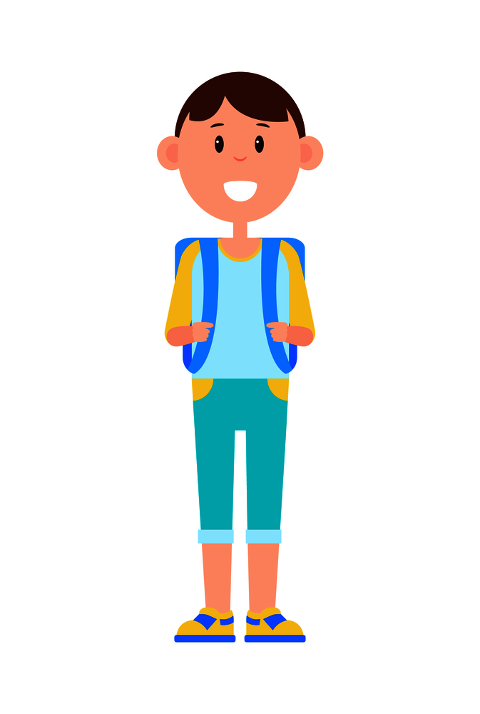 Funny schoolboy in denim capris and sneakers with big square backpack and broad smile isolated cartoon flat vector illustration on white background.. Funny Schoolboy with Big Backpack and Broad Smile