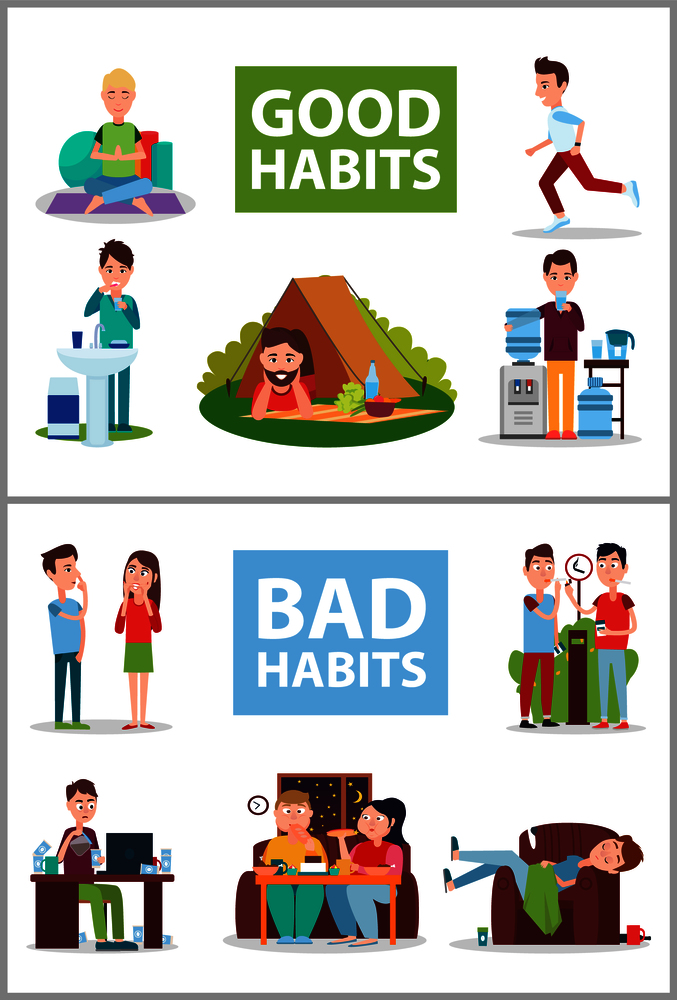 Good and bad habits posters set, camping and jogging, drinking water and brushing teeth, eating at night and smoking isolated on vector illustration. Good and Bad Habits Poster Vector Illustration