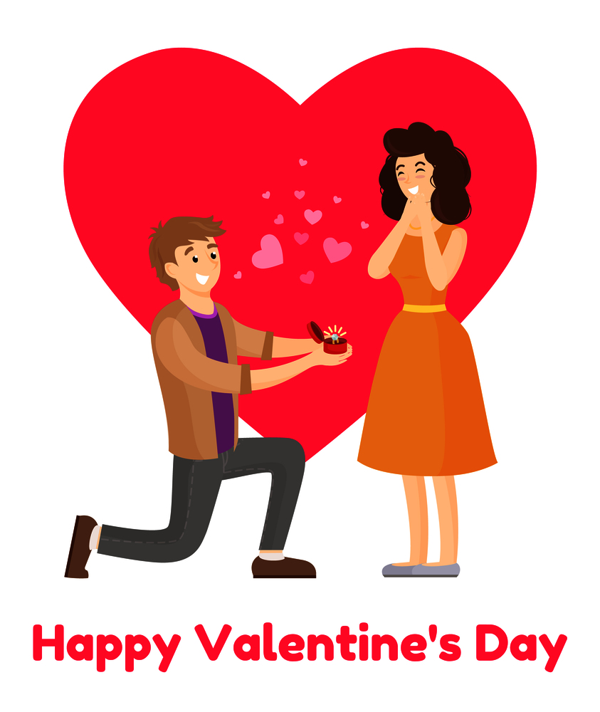 Happy Valentines day poster man making proposal to woman, vector illustration of couple in pink hearts symbols of love isolated on background of heart. Man Making Proposal to Woman Presenting her Ring