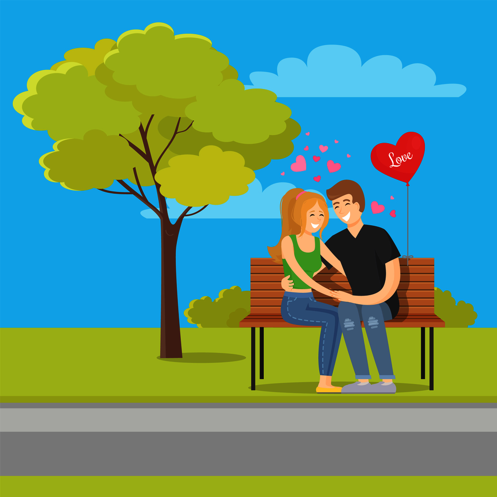 Love concept illustration with merry couple sits on bench tenderly holding hands, heart shape balloon near them vector in green park near tree. Love Concept Illustration Merry Couple Sits Bench