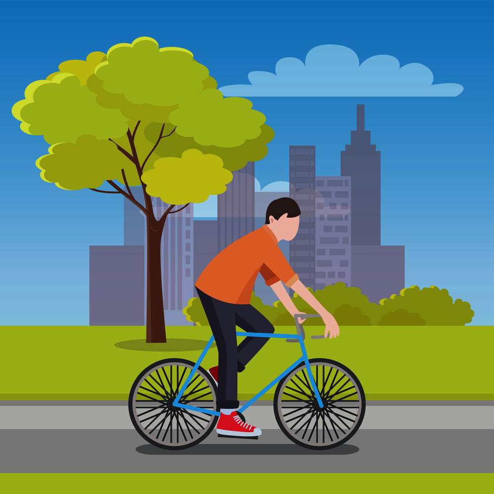 Man rides bicycle along road with city skyscrapers on horizon, fresh grass on both sides, tall tree and thick bushes cartoon flat vector illustration.. Man Rides Bicycle Along Road with City on Horizon