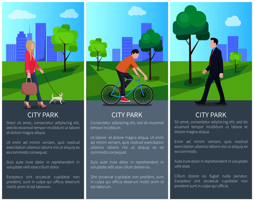 Set of city park color banners with varied people, vector illustration with walking businessman and pretty lady with pet, biking man, text sample. Set of City Park Color Banners with Varied People