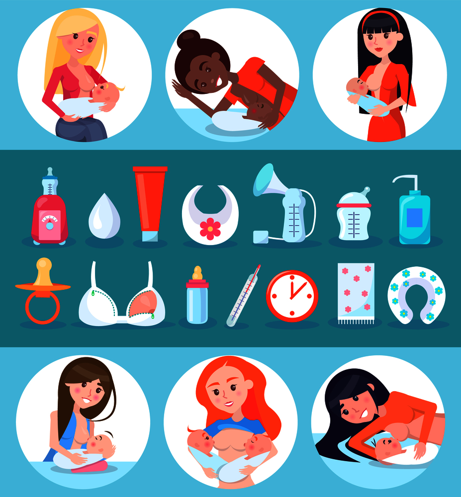 Breastfeeding and children, set of circled images and items, bra and soother, tube and container, clock and thermometer isolated on vector illustration. Breastfeeding and Children Set Vector Illustration